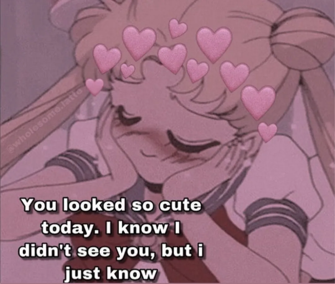 An anime girl with long hair and a school uniform is shown with her hands near her face, eyes closed in a dreamy…