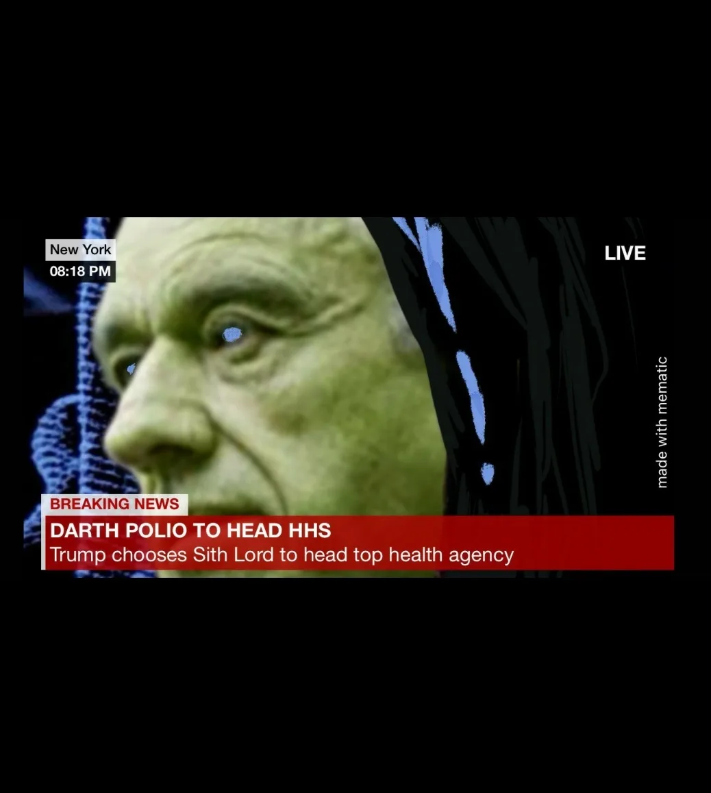 A news broadcast image shows a digitally altered close-up of an older man with green skin and blue eyes, styled to resemble…