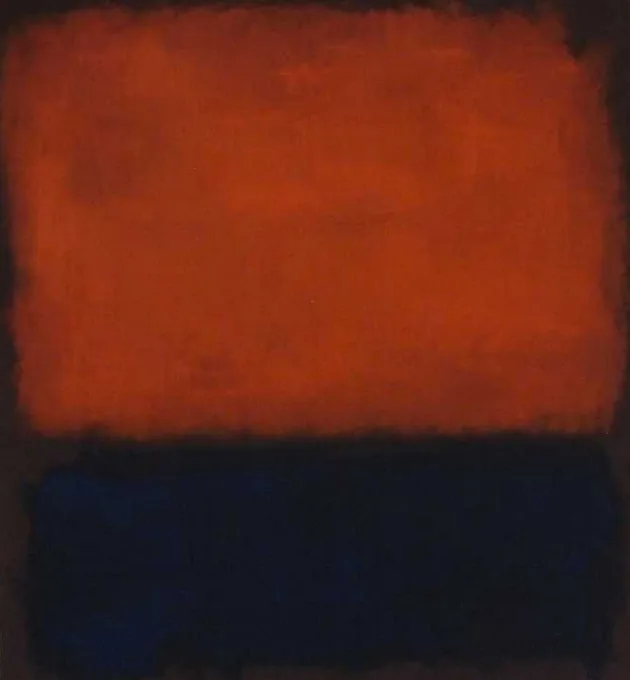 The image shows a painting with two horizontal bands: an upper orange-red band and a lower dark blue band, with visible…