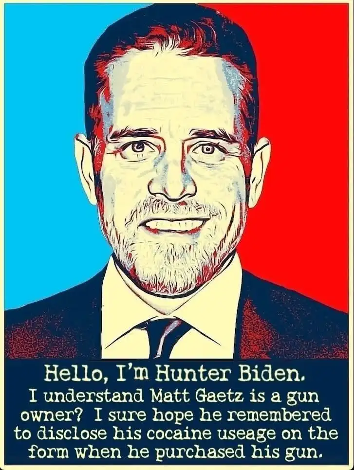 A stylized, posterized portrait of Hunter Biden with a blue left side and red right side background. He is wearing a dark…
