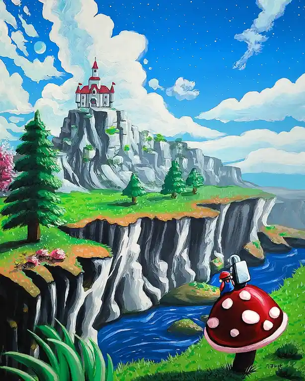 A painted scene depicts a small character in a red hat and blue overalls sitting atop a giant red mushroom with white spots…