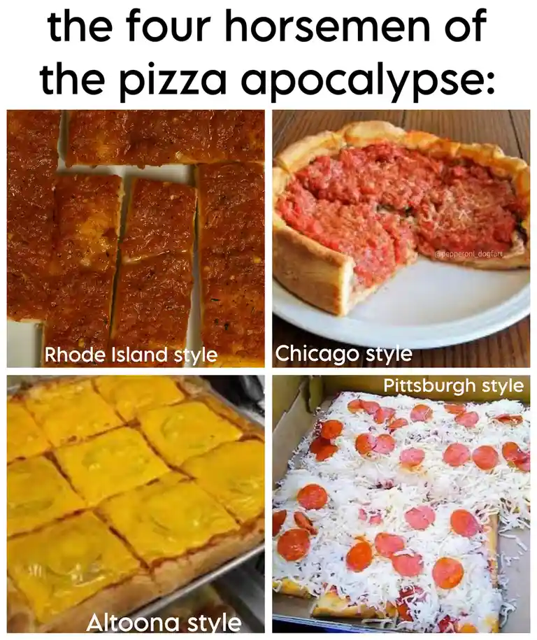 The image displays four distinct pizza styles arranged in a grid. Top left shows Rhode Island style pizza with thick…