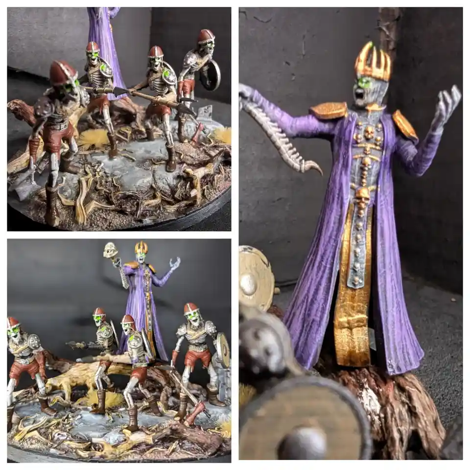 A collage of four photos showing painted miniature figurines: a skeletal king in a purple robe and gold crown with…