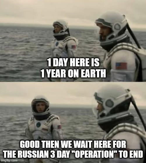 Two astronauts in white space suits stand on a vast, gray ocean under an overcast sky. The top panel has text: '1 DAY HERE…