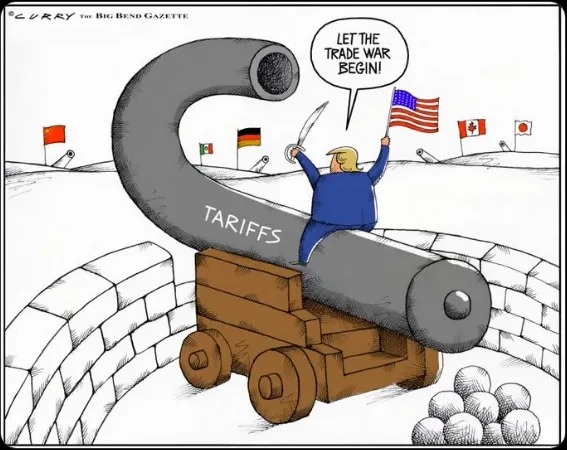A cartoon depicts a caricature of Donald Trump in a blue suit, standing atop a giant cannon labeled 'TARIFFS', holding a…