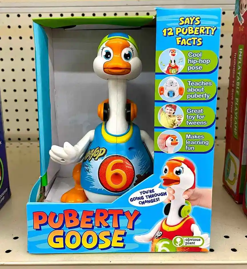 A toy goose in a retail box labeled 'Puberty Goose' is advertised as teaching '12 Puberty Facts' including 'Cool hip-hop…