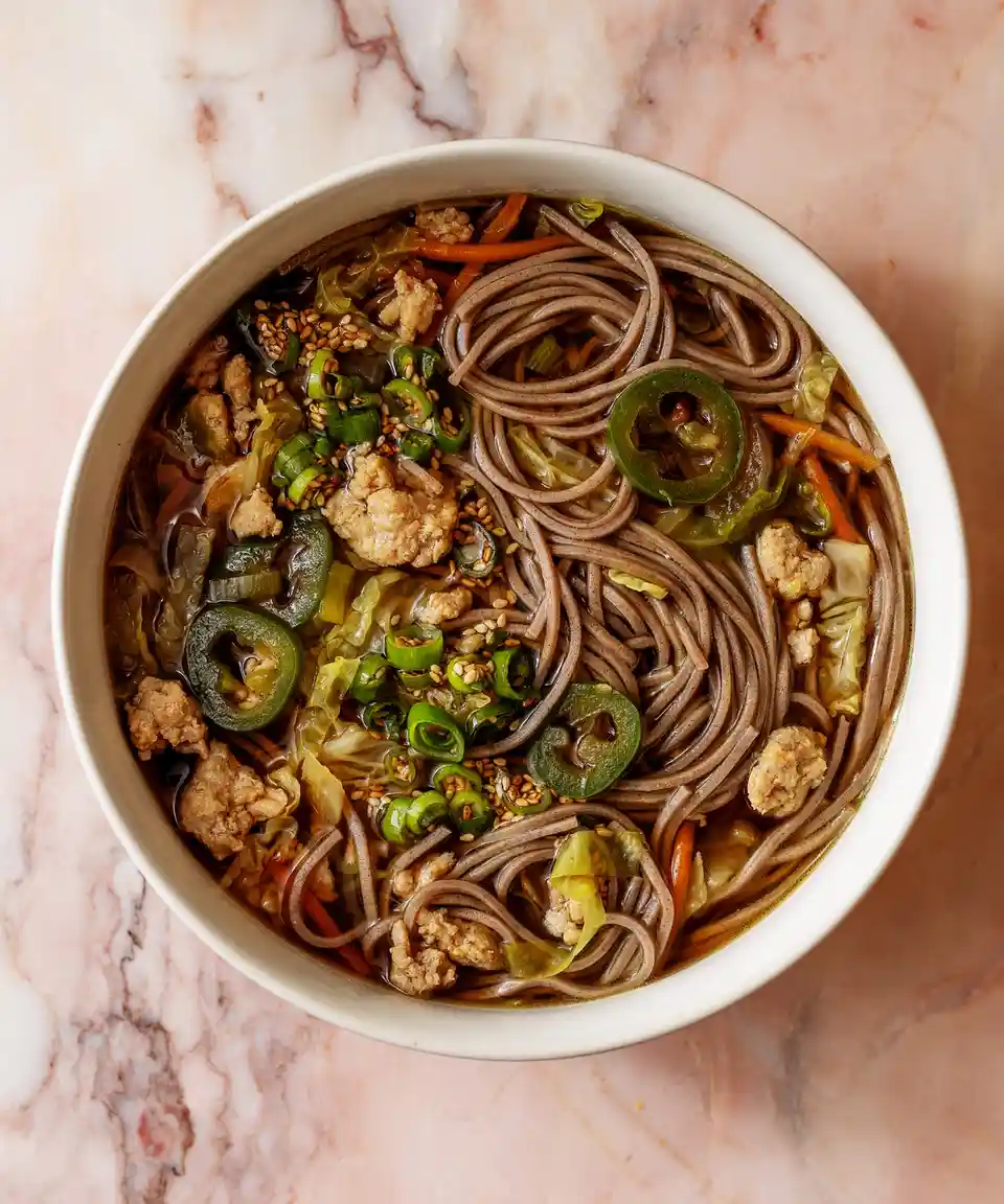 a top-down photo of a white bowl filled with brown soba noodles in broth, topped with ground meat, shredded cabbage, sliced…