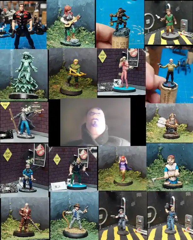 A collage of 16 painted miniature figurines from various franchises like Ghostbusters, Dungeons & Dragons, and Resident…