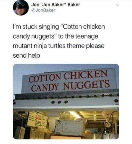 A photo of a food truck or stand with a large sign reading 'COTTON CHICKEN CANDY NUGGETS' in red letters. The image is…