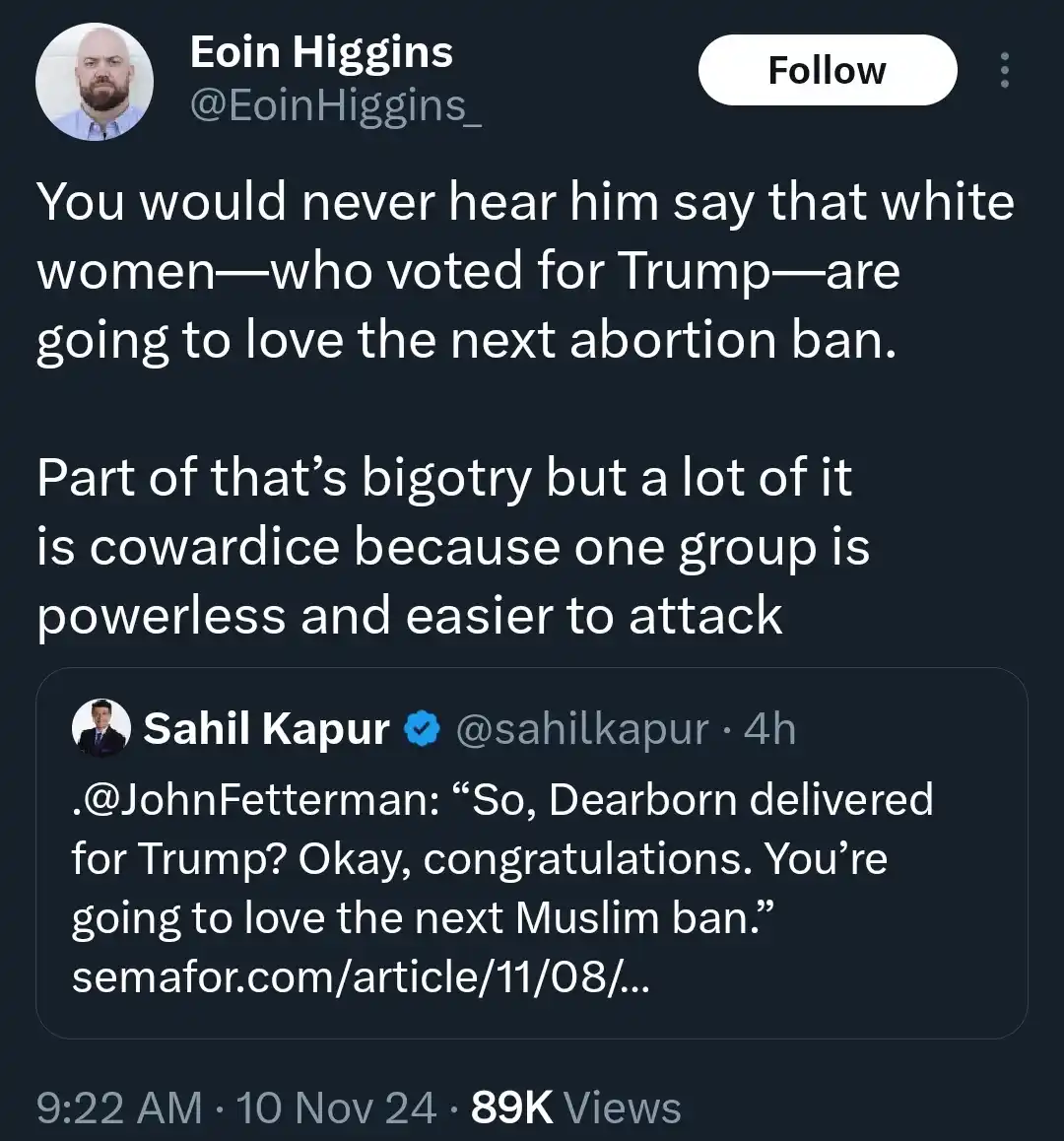 A screenshot of a Twitter thread by Eoin Higgins, who comments on a quote from John Fetterman about voters in Dearborn. The…