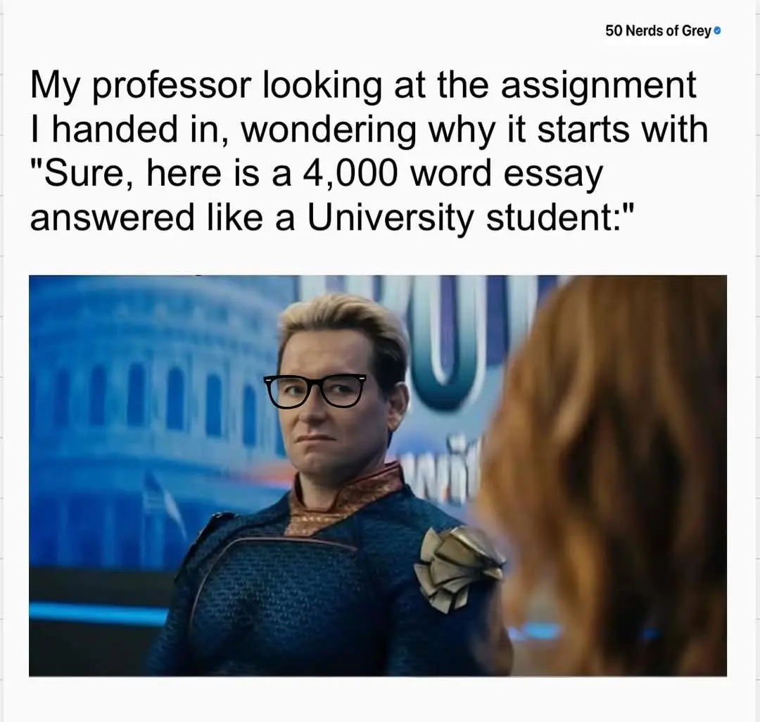 A man in a blue superhero costume with glasses looks confused and slightly annoyed while facing another person whose back is…