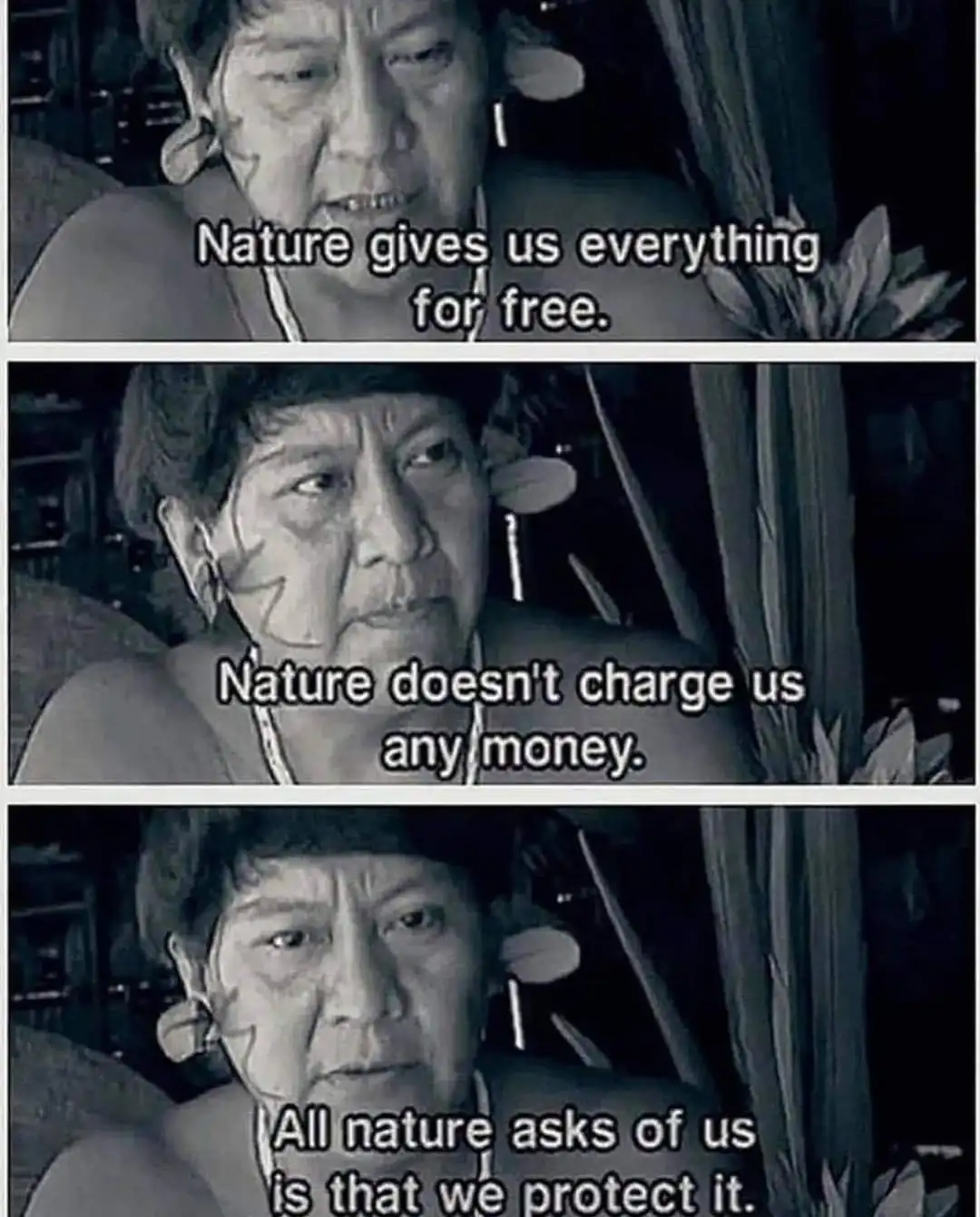 A black-and-white three-panel meme featuring a woman with traditional facial markings and ear ornaments, looking solemnly at…