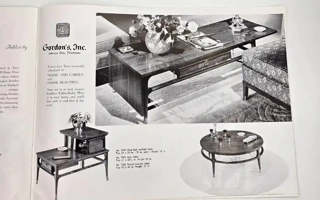 A vintage black-and-white furniture catalog page from Gordon's, Inc. of Johnson City, Tennessee, showcasing mid-century…