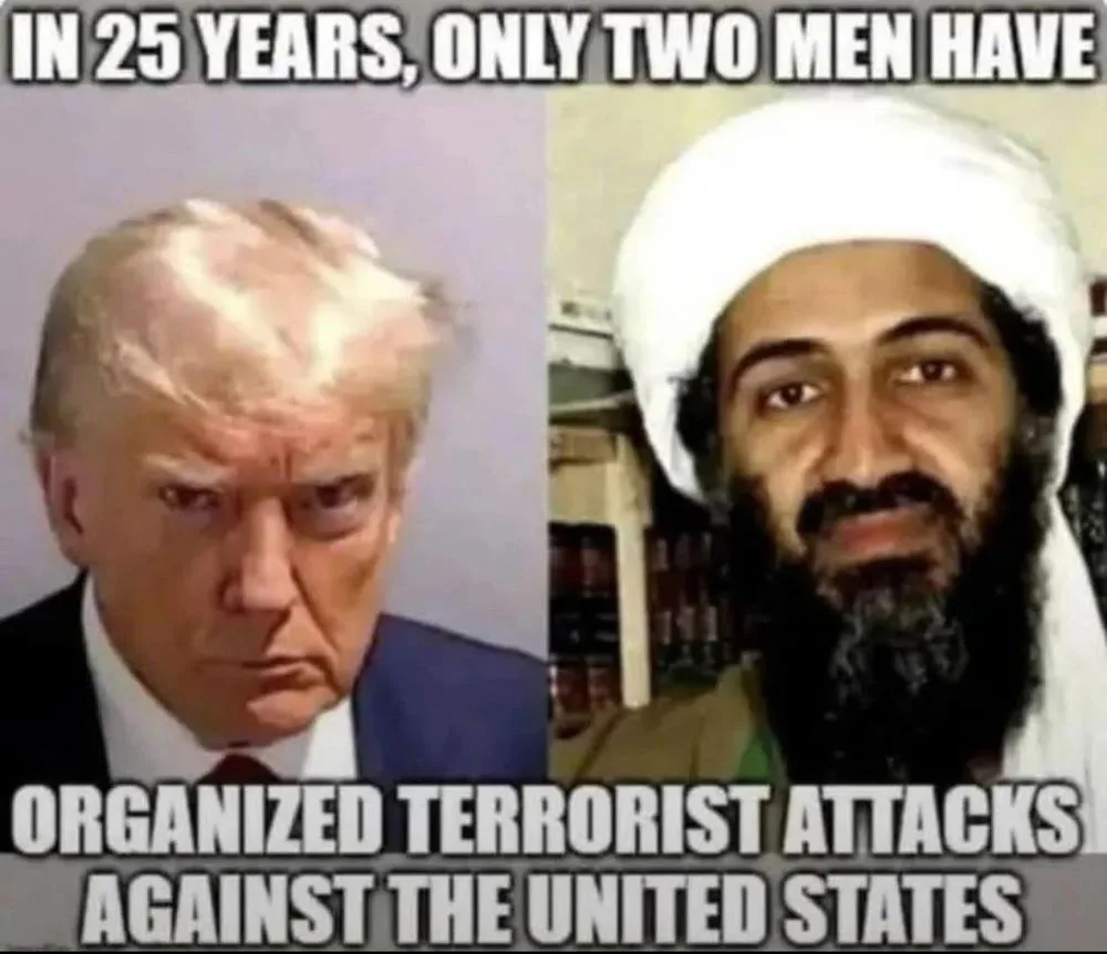 The image displays two side-by-side portraits: on the left, Donald Trump with a stern expression, and on the right, Osama…