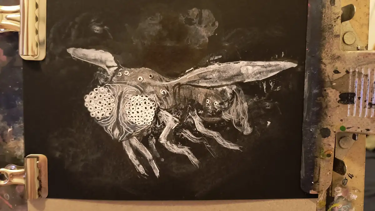 A dark, textured painting depicts a monstrous, insect-like creature with large wings, multiple eyes, and a segmented body…