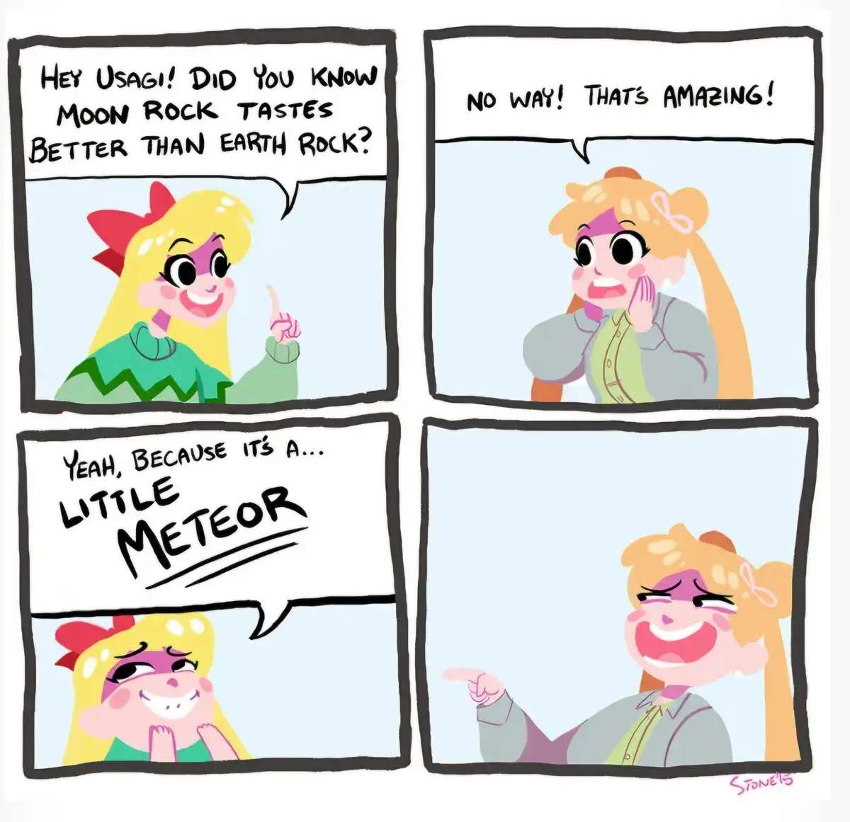 A four-panel comic strip featuring two cartoon girls. In the first panel, a girl with blonde hair and a red bow asks Usagi…