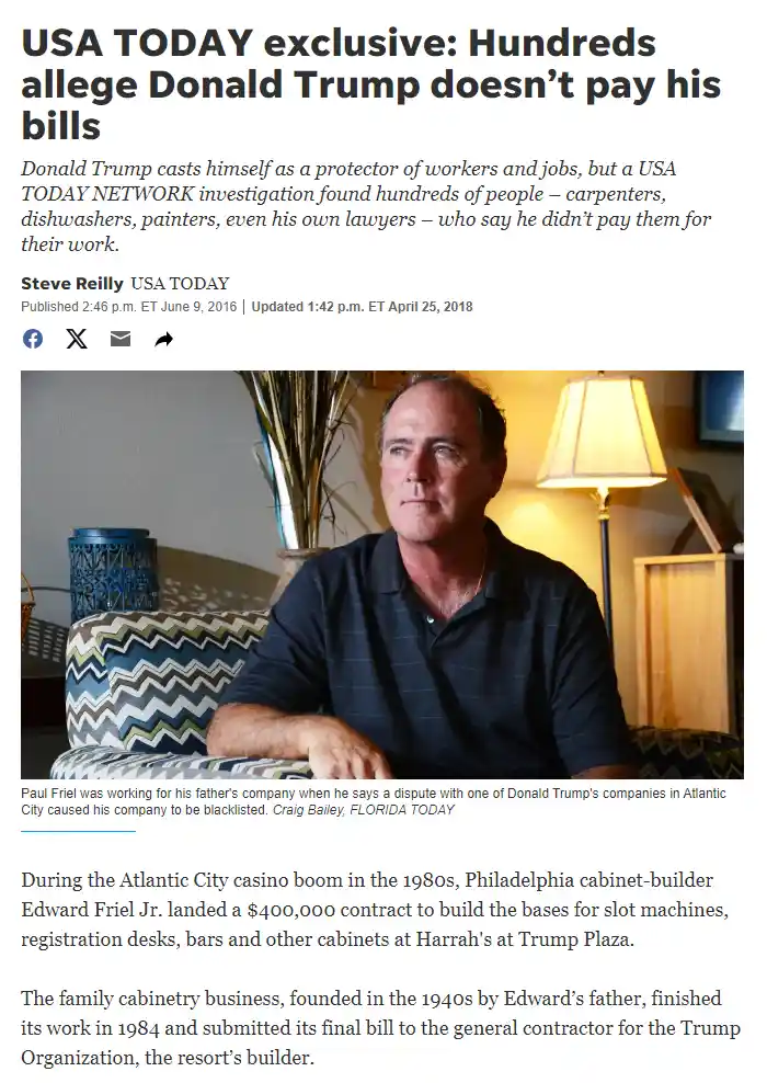 A screenshot of a USA TODAY article from 2016 with the headline 'USA TODAY exclusive: Hundreds allege Donald Trump doesn't…