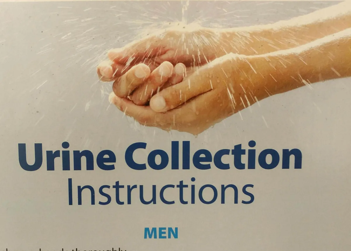 A medical instruction sheet shows a pair of hands being washed under running water, with the text 'Urine Collection…