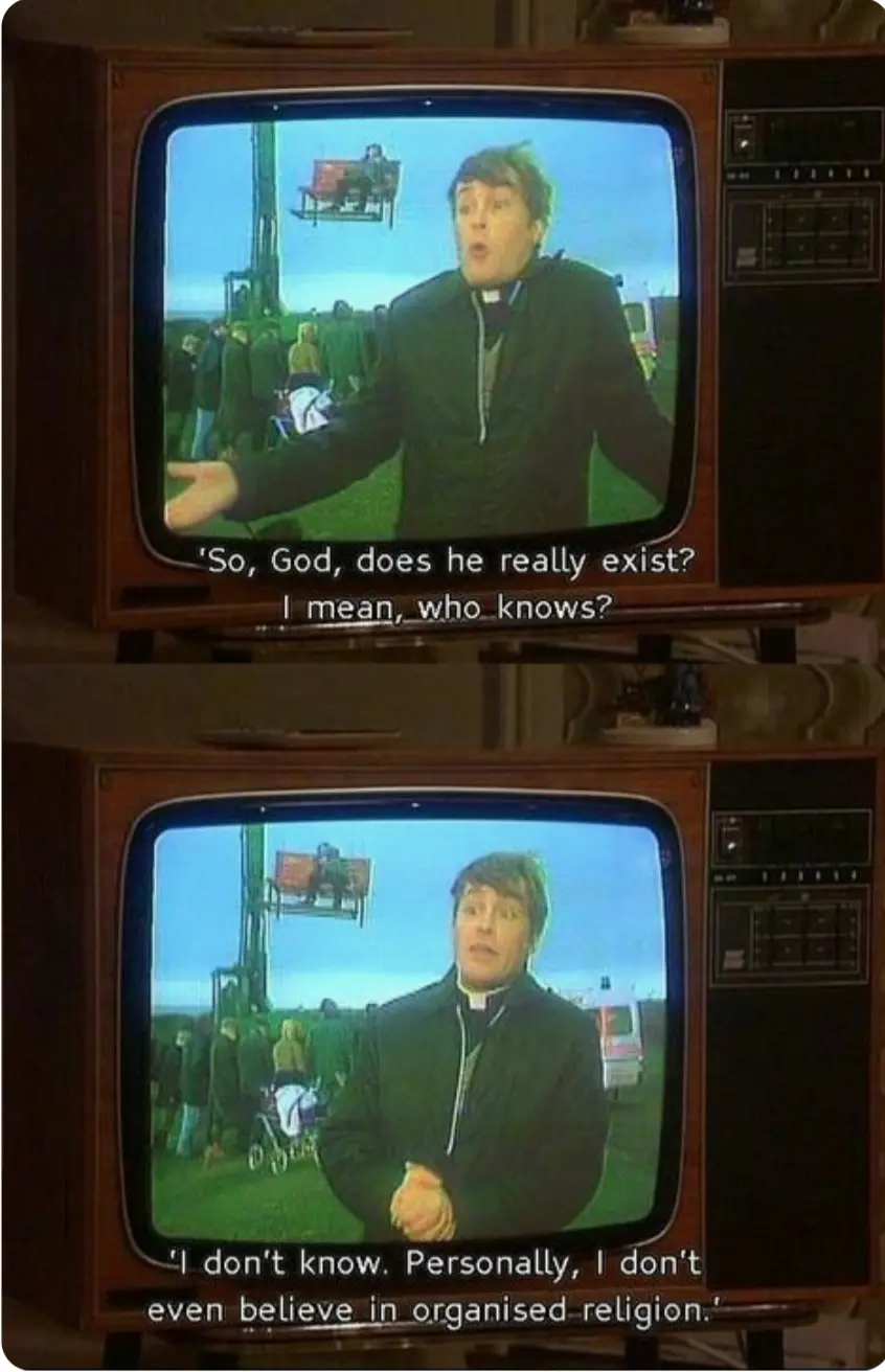 The image shows two stacked photos of an old wooden TV set displaying a man in a clergy collar speaking outdoors. In the top…