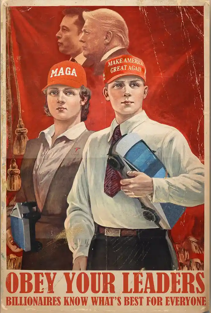 A vintage-style propaganda poster shows two young people in front, one wearing a 'MAGA' cap and the other a 'MAKE AMERICA…