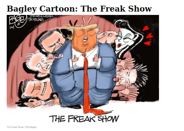 A cartoon depicts a central caricature of Donald Trump in a blue suit and red tie, surrounded by various other distorted…