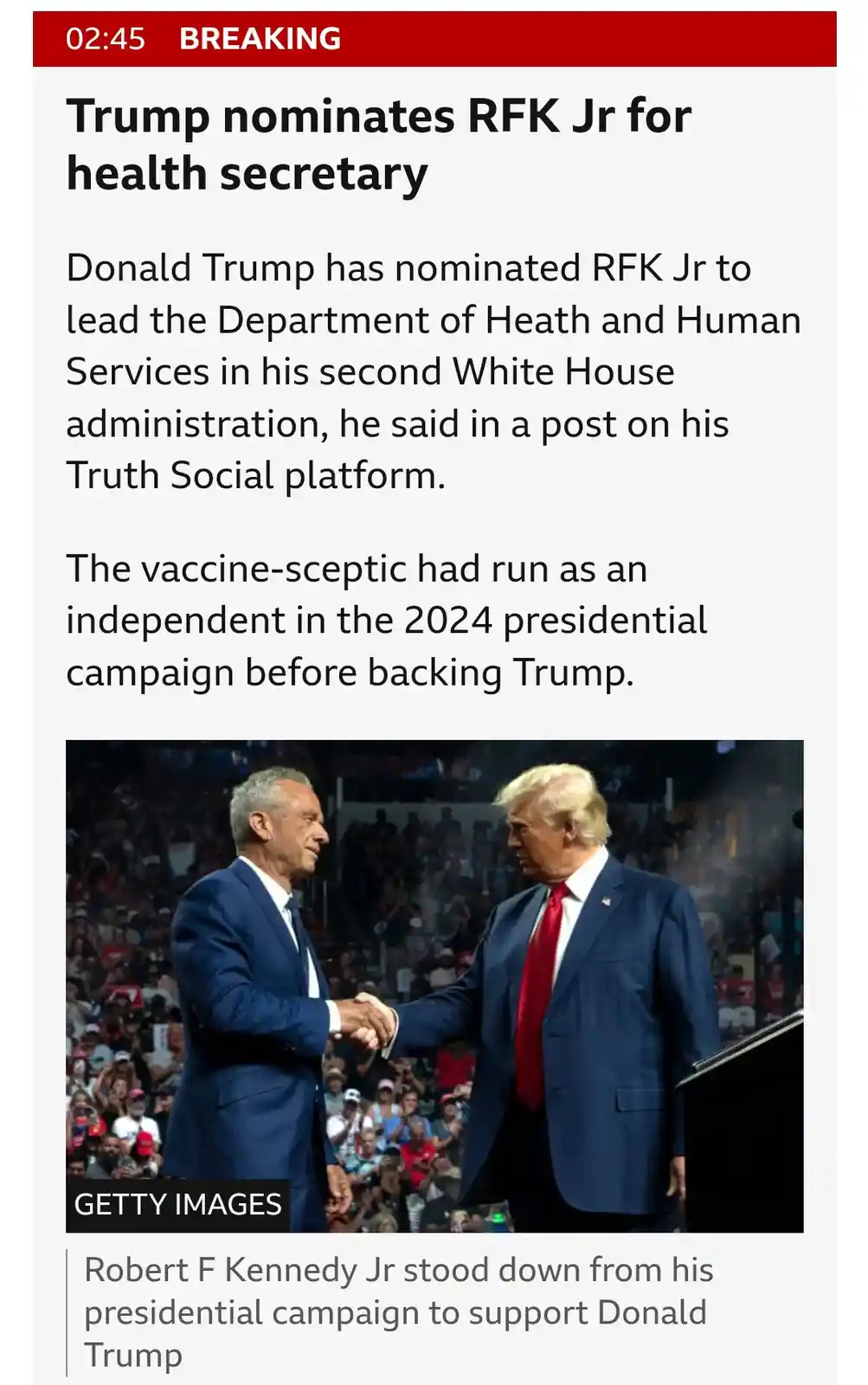 A news article screenshot shows Donald Trump and Robert F. Kennedy Jr. shaking hands at a rally, with the headline 'Trump…
