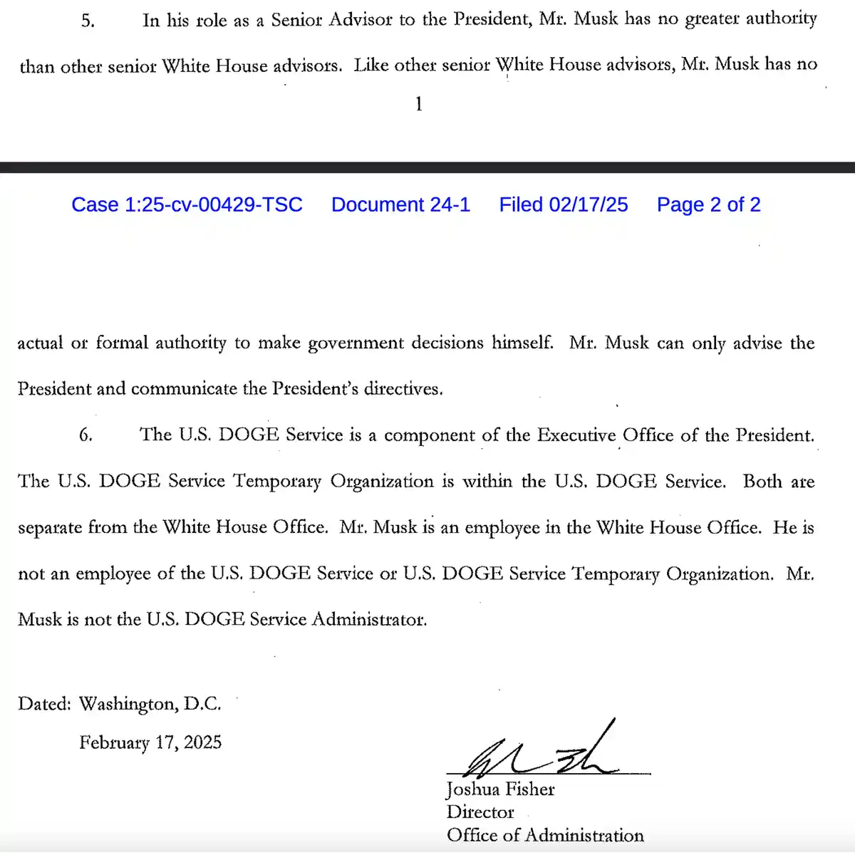 A legal document page from a fictional court case dated February 17, 2025, states that Mr. Musk has no authority to make…