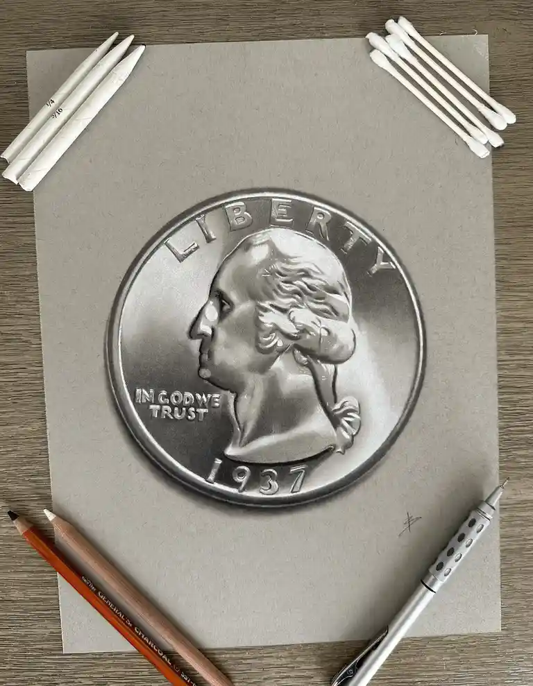 A hyperrealistic pencil drawing of a 1937 U.S. quarter featuring George Washington's profile, with 'LIBERTY' and 'IN GOD WE…