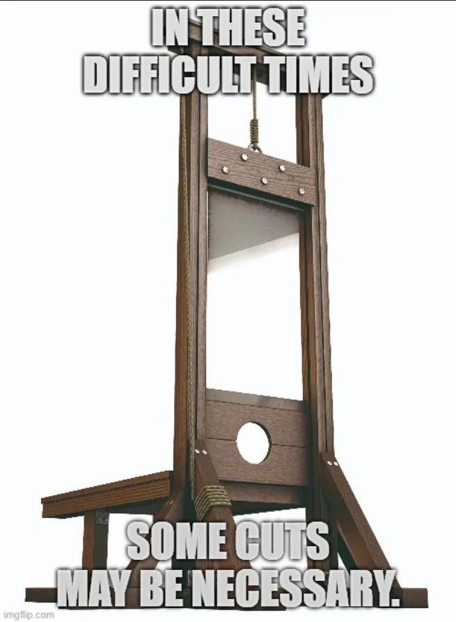 A wooden guillotine with a hanging blade is shown against a white background. White bold text at the top reads 'IN THESE…