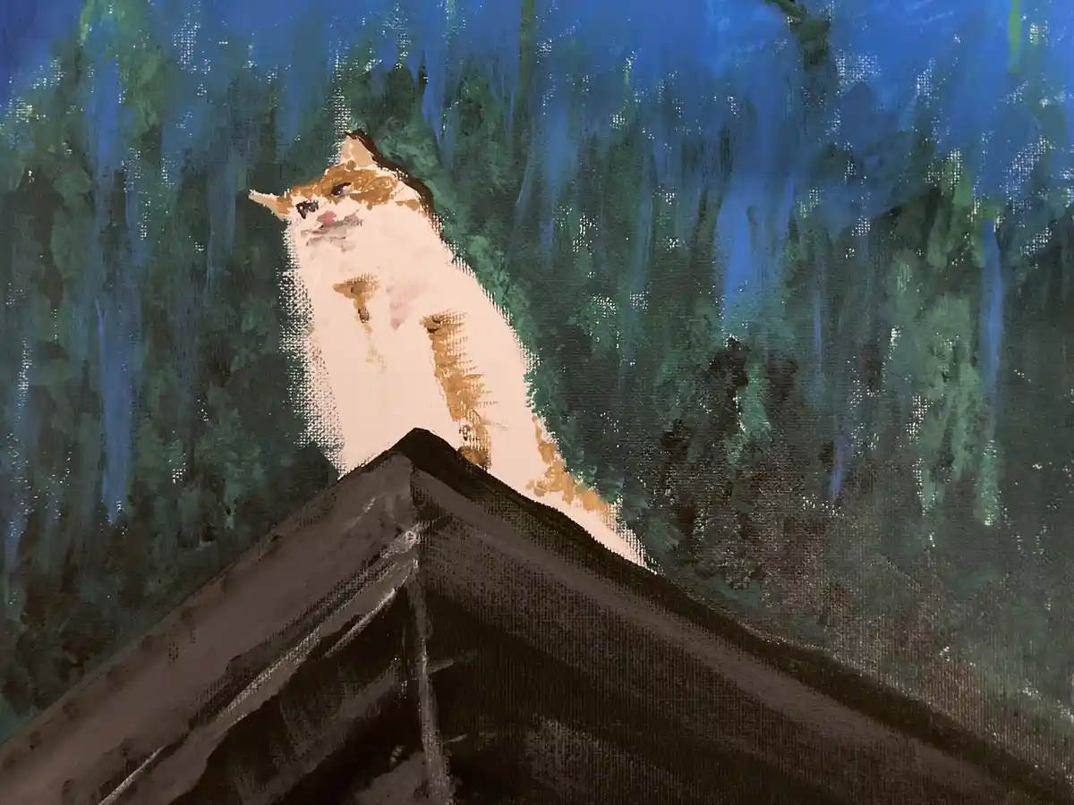 A painted image shows a white and orange cat sitting atop a dark roof against a backdrop of blue and green foliage. The cat…