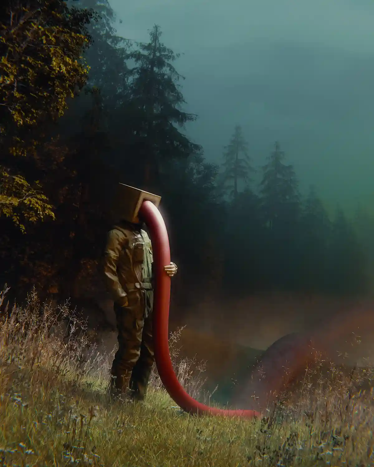 A person in a brown jumpsuit stands in a misty forest holding a large red hose that emerges from a square box where their…