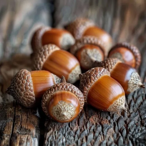 A close-up photograph shows a cluster of shiny brown acorns with textured caps resting on a rough, weathered wooden surface…