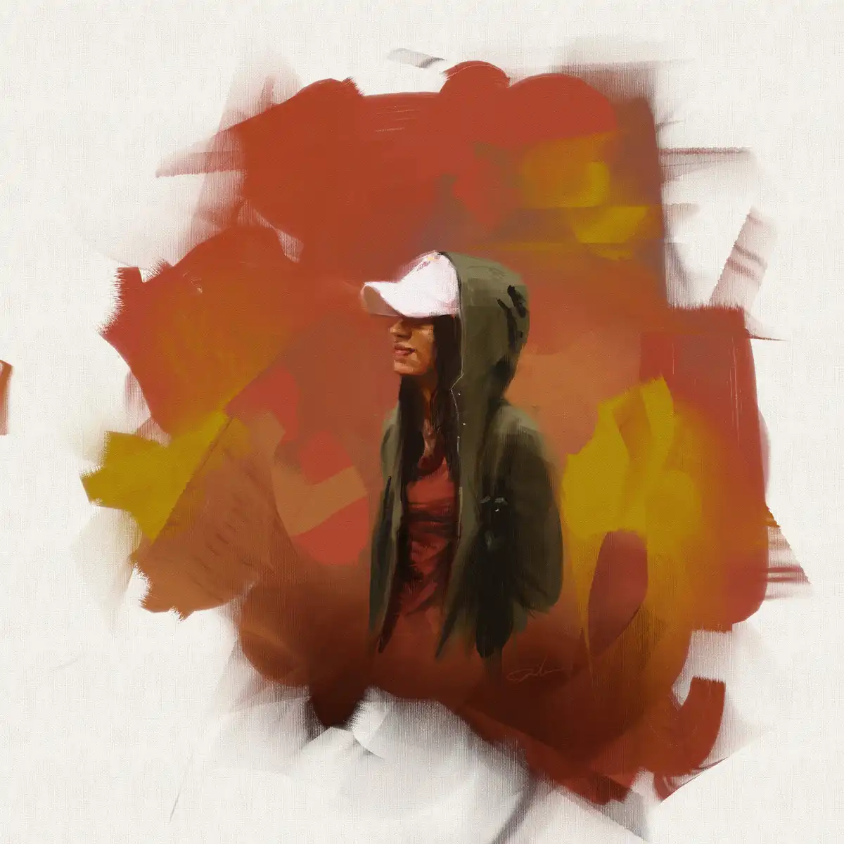 A digital painting shows a person in profile wearing a white cap and a green hoodie, set against a vibrant, abstract…