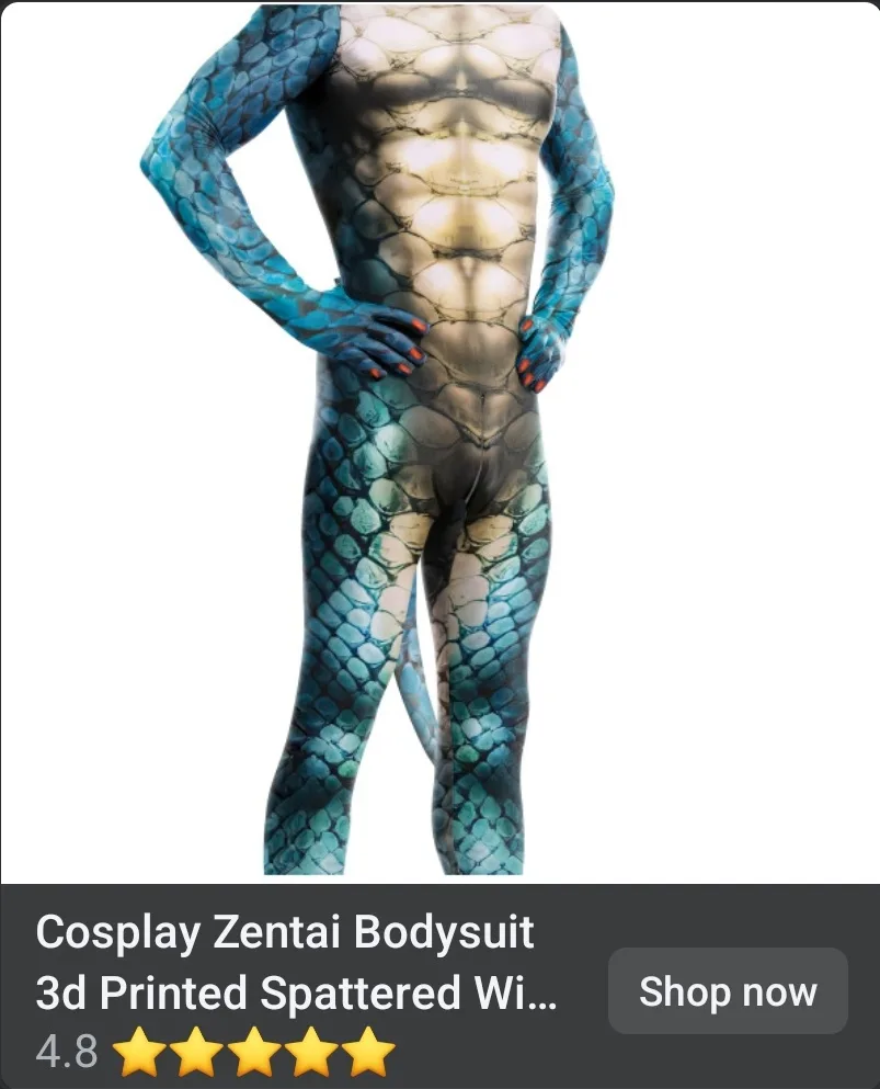 A person wearing a full-body zentai suit with a 3D printed, spattered scale pattern that mimics a mermaid or reptilian skin…