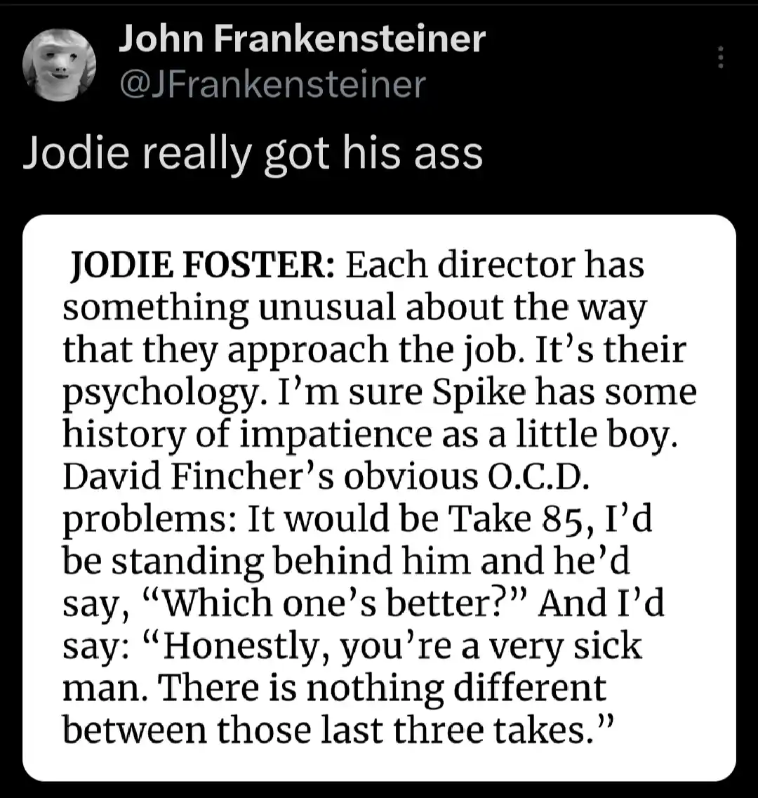 A screenshot of a tweet from John Frankenstein (@JFrankensteiner) with the caption 'Jodie really got his ass'. The tweet…