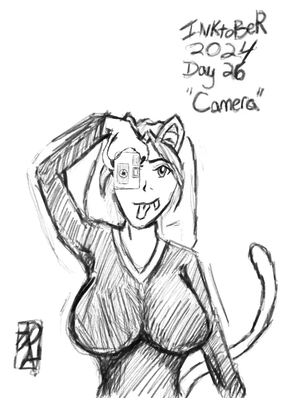A black-and-white sketch of a cat-eared, fanged humanoid woman with a tail, holding a small camera up to her eye while…