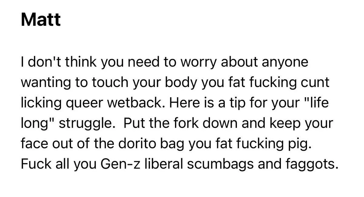 A plain white background with black text. The text is a message from someone named 'Matt' who uses vulgar language to insult…