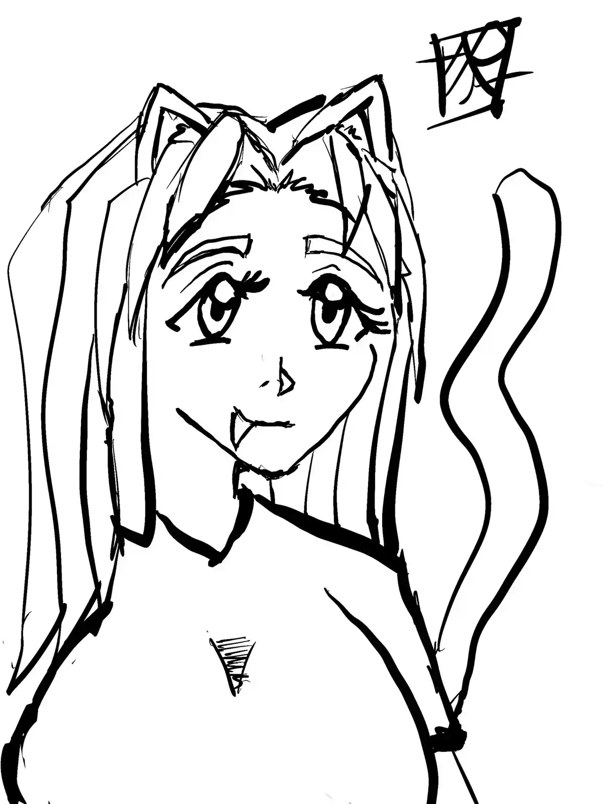 A black-and-white line drawing of an anime-style girl with cat ears and a tail, looking slightly surprised or confused. She…