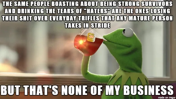 A green frog puppet, Kermit the Frog, is shown holding a red cup to his lips, sipping from it. The image has white text…