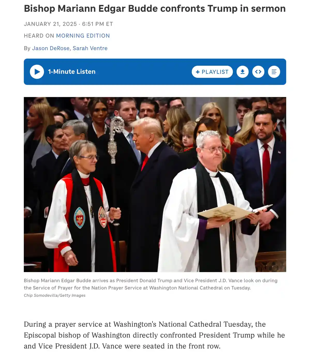 A photo from a 2025 news article shows Bishop Mariann Edgar Budde in clerical robes holding a staff, standing beside…