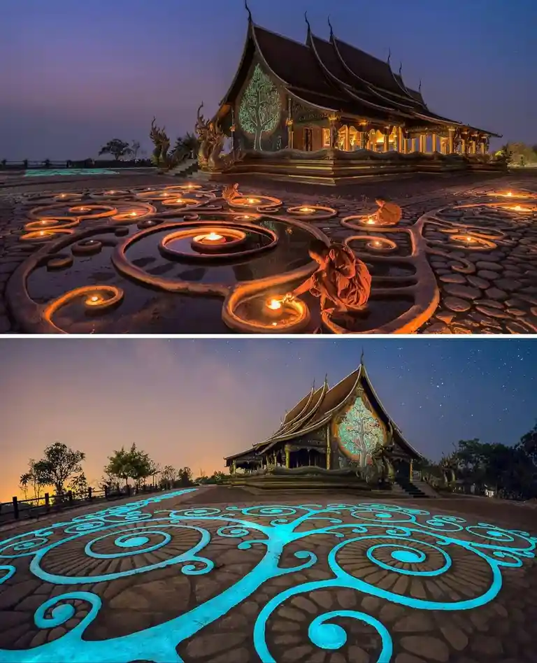 The image is split into two panels. The top panel shows monks in orange robes lighting candles within a large, intricate…