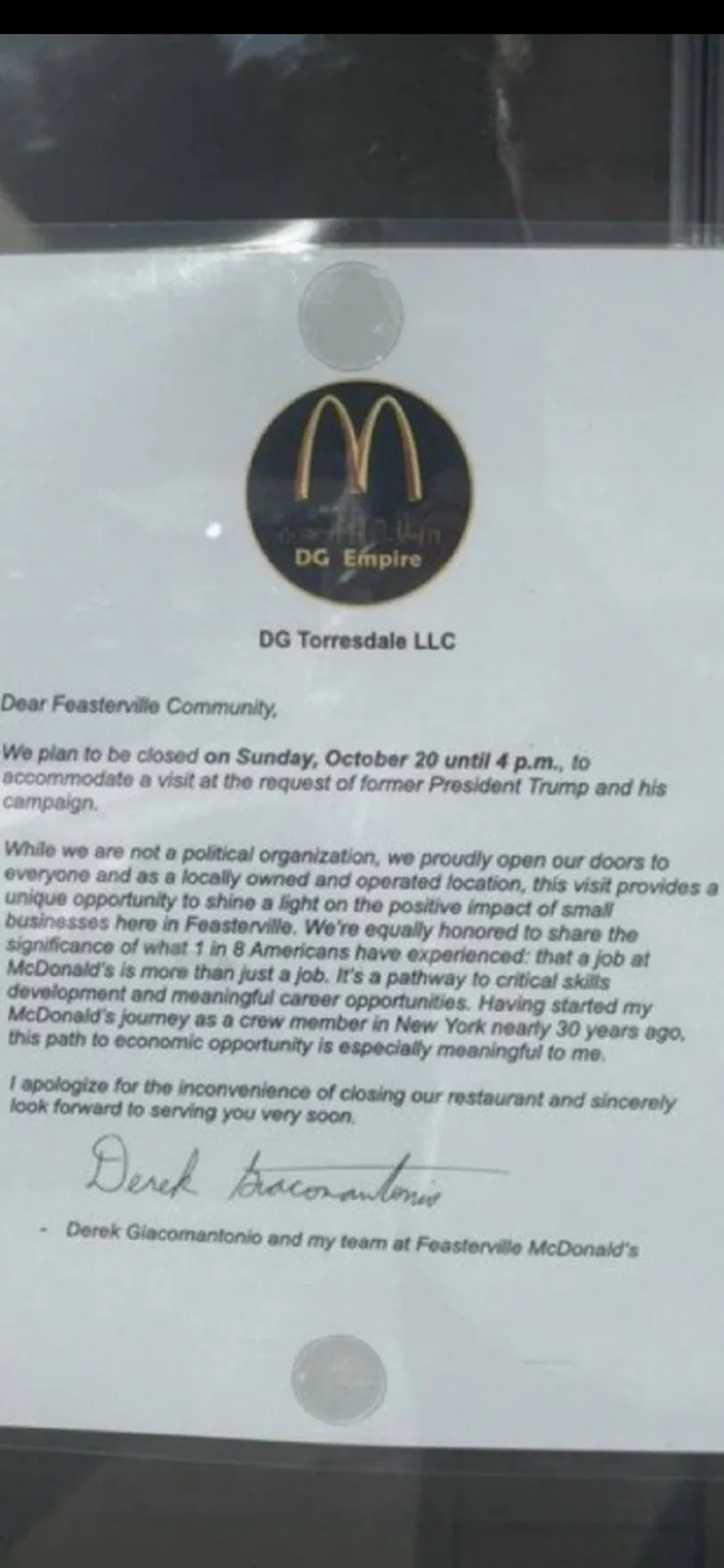 A McDonald's letter from DG Torresdale LLC to the Feasterville community, announcing a closure on October 20 to accommodate…