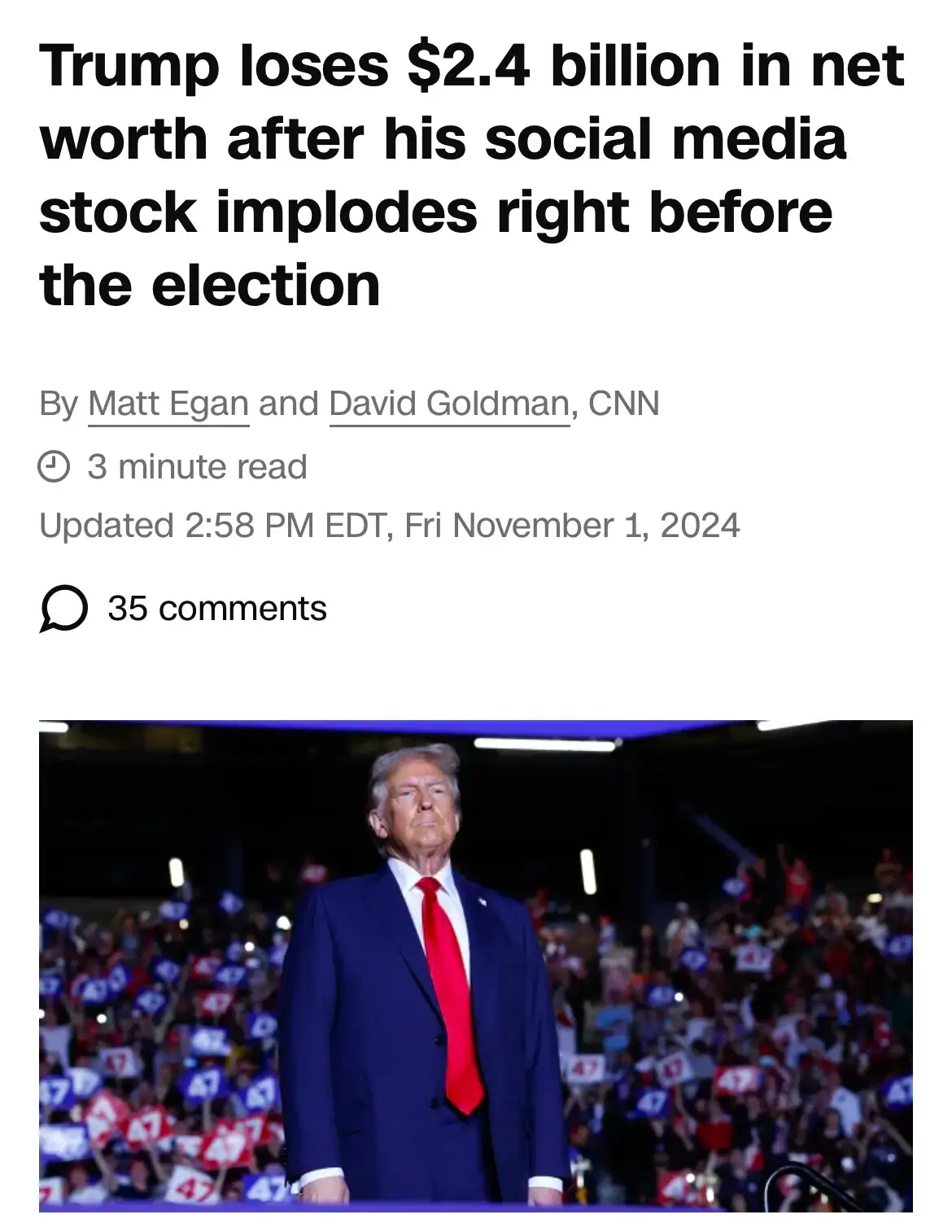 The image shows a screenshot of a CNN news article with a headline about Donald Trump losing $2.4 billion in net worth due…