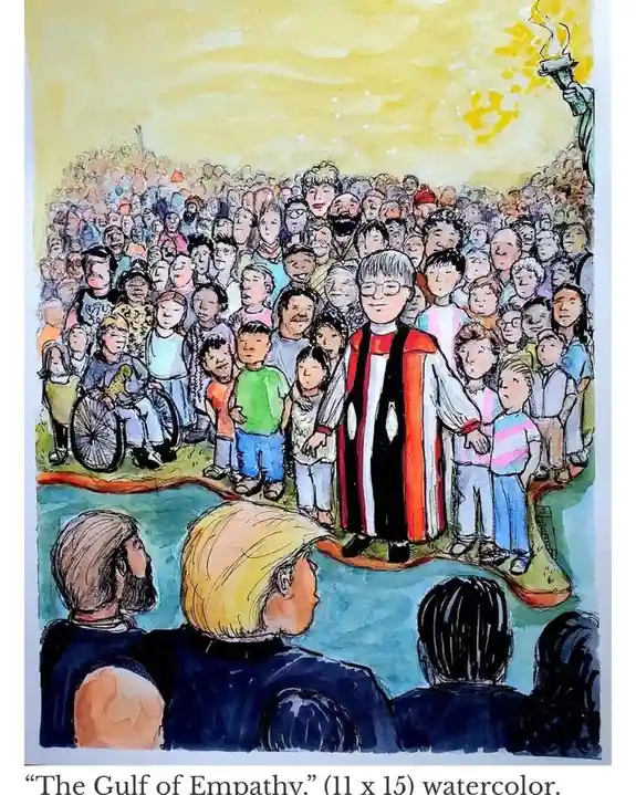 A watercolor illustration depicts a large, diverse crowd of people standing on a narrow land bridge, looking toward a priest…