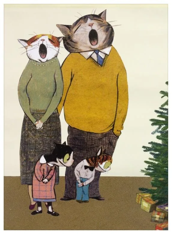 An illustration of a cat family with two adults and two children standing near a Christmas tree; all four cats have their…