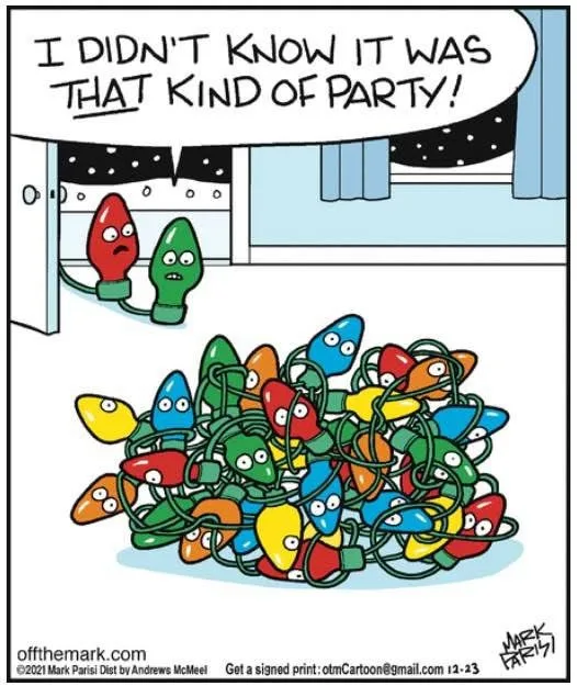 Two cartoon Christmas lights peek out from a doorway, looking shocked at a large, tangled pile of other colorful Christmas…