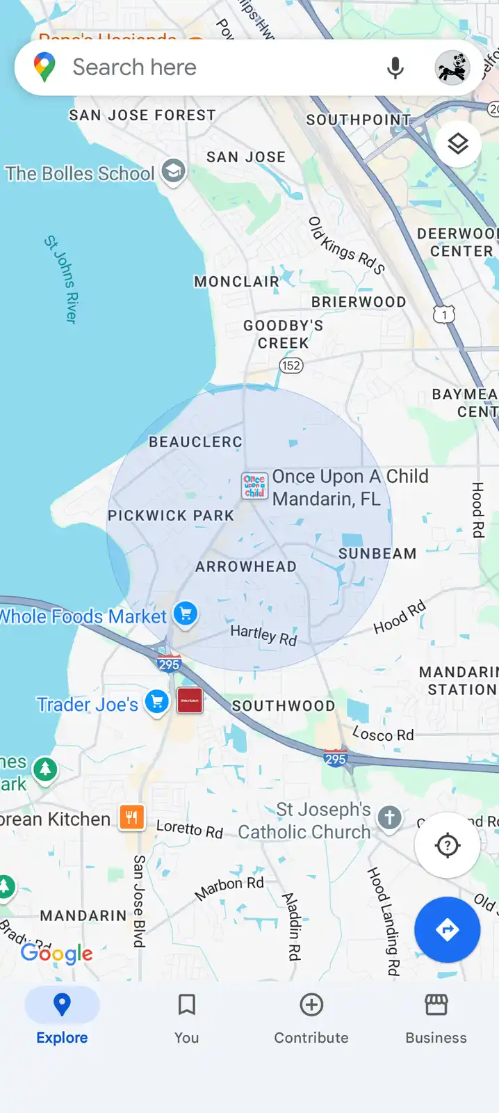 A Google Maps screenshot showing a circular search radius centered on 'Once Upon A Child' in Mandarin, FL, with nearby…