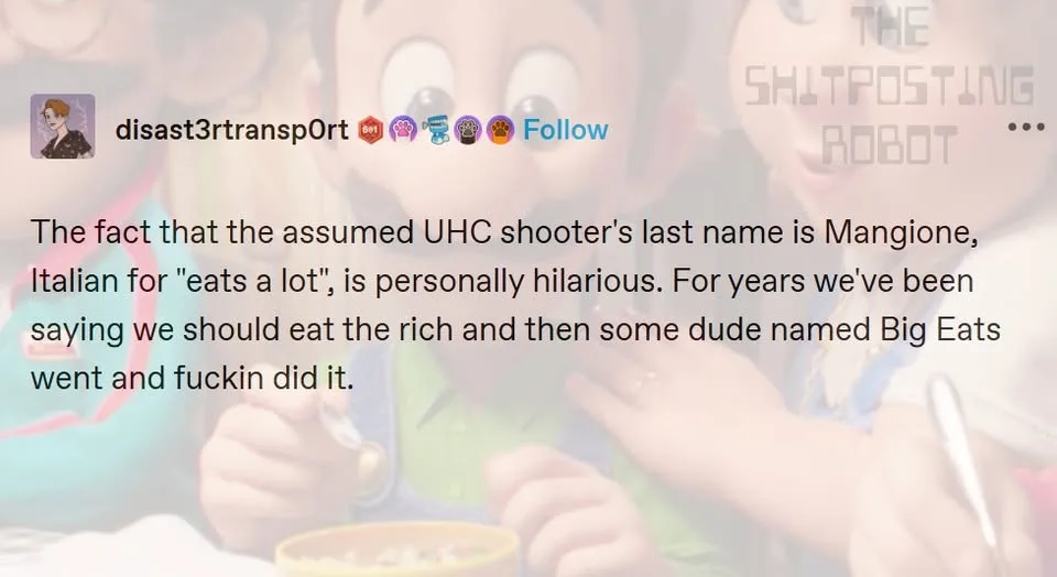 An image of cartoon characters eating cereal with overlaid text from a social media post by 'disast3rtranspOrt' that jokes…
