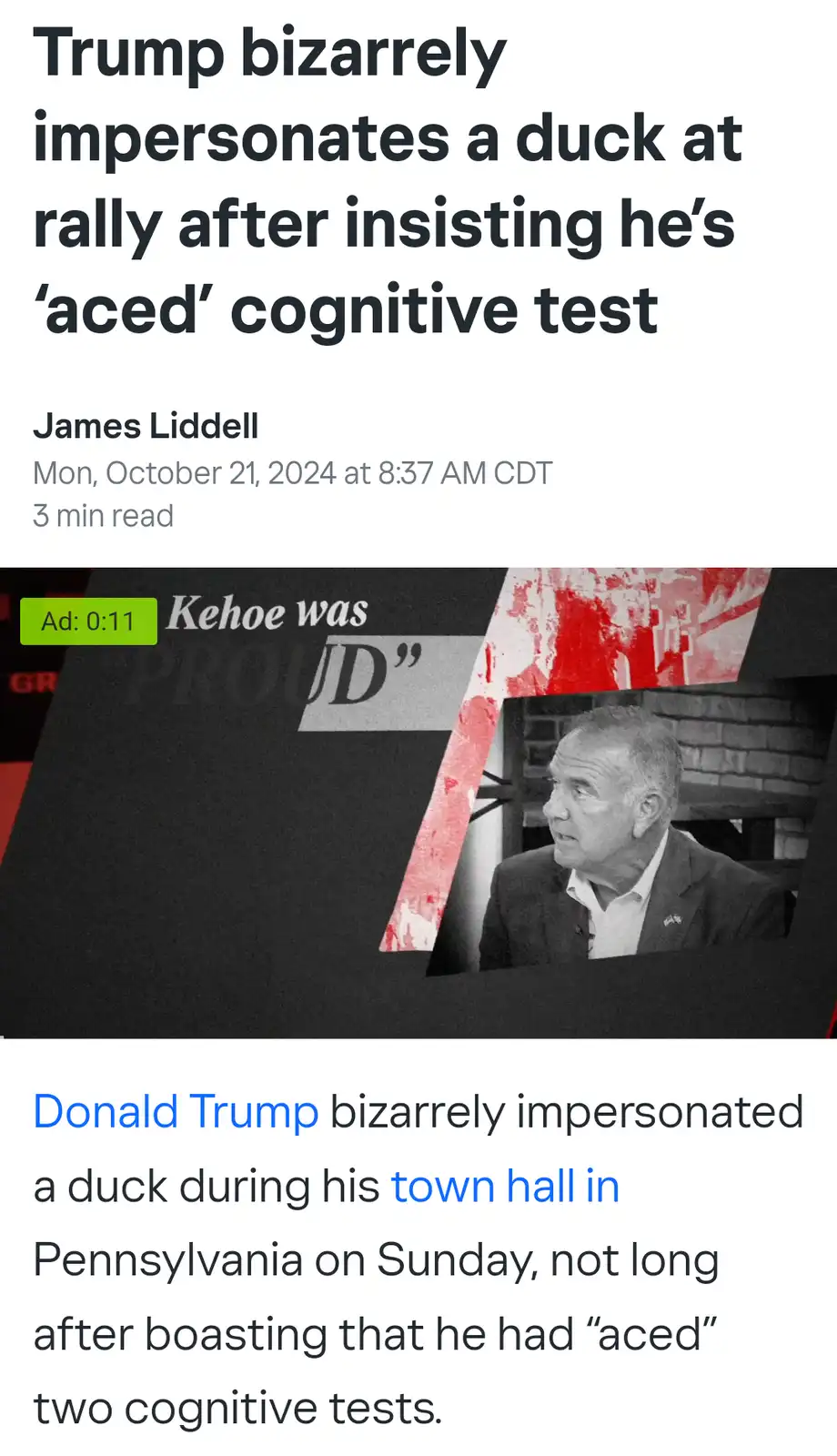 The image shows a screenshot of a news article with a headline and byline. The headline reads 'Trump bizarrely impersonates…