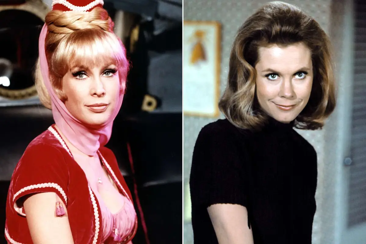 The image displays two side-by-side portraits of actresses: on the left, a blonde woman in a red and pink outfit with a…